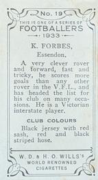 1933 Wills's Victorian Footballers (Small) #19 Keith Forbes Back
